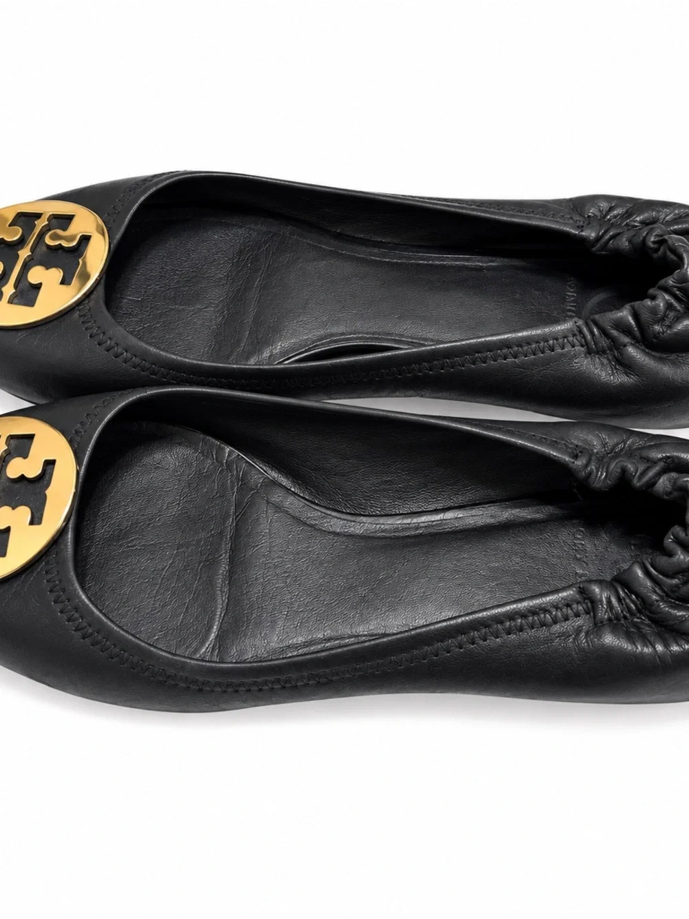 Tory Burch Black Leather Ballet Flats with Gold Logo Medallion size 8.5